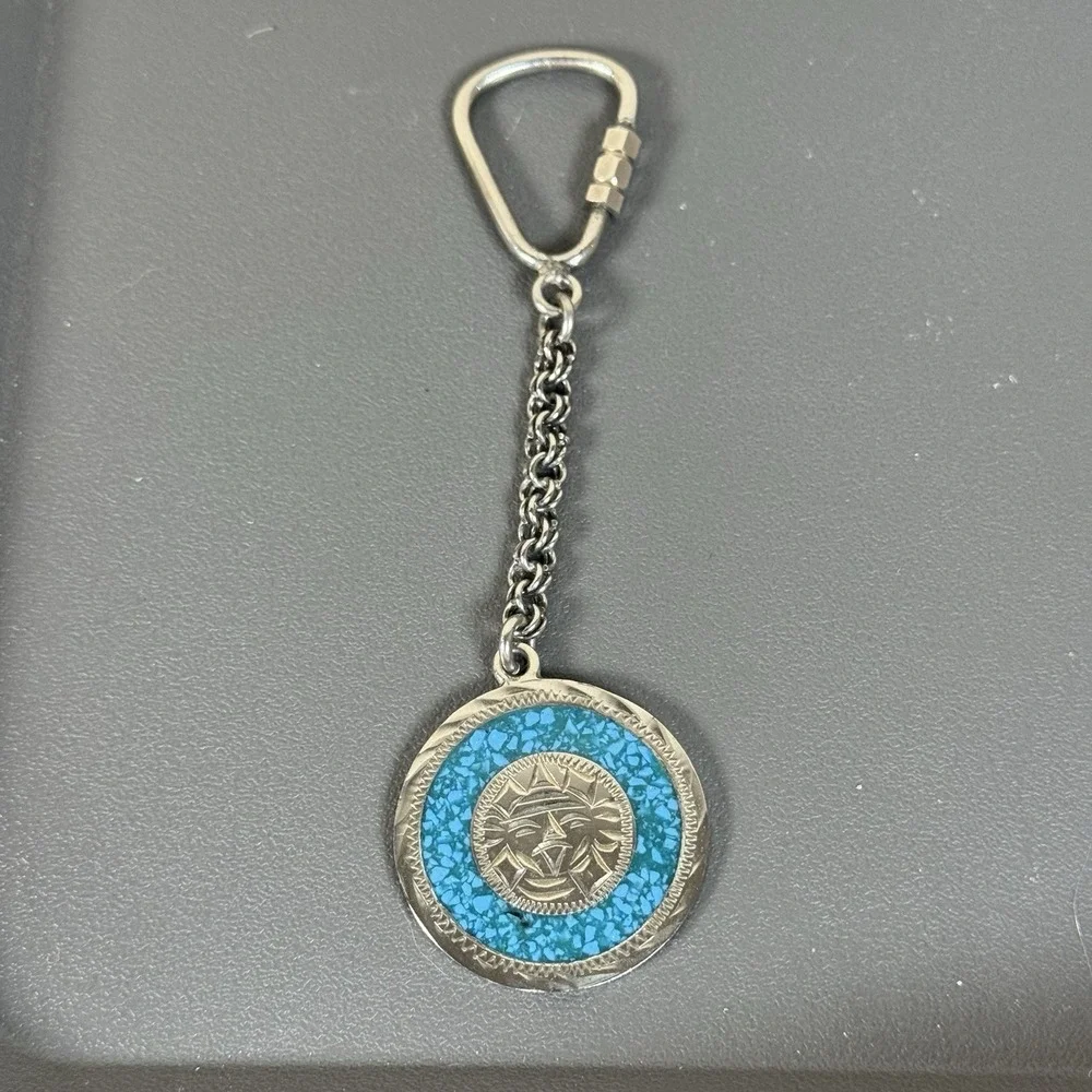Vintage Alpaca Mexico Turquoise Inlay Sun Face Keychain Southwest Silver Tone